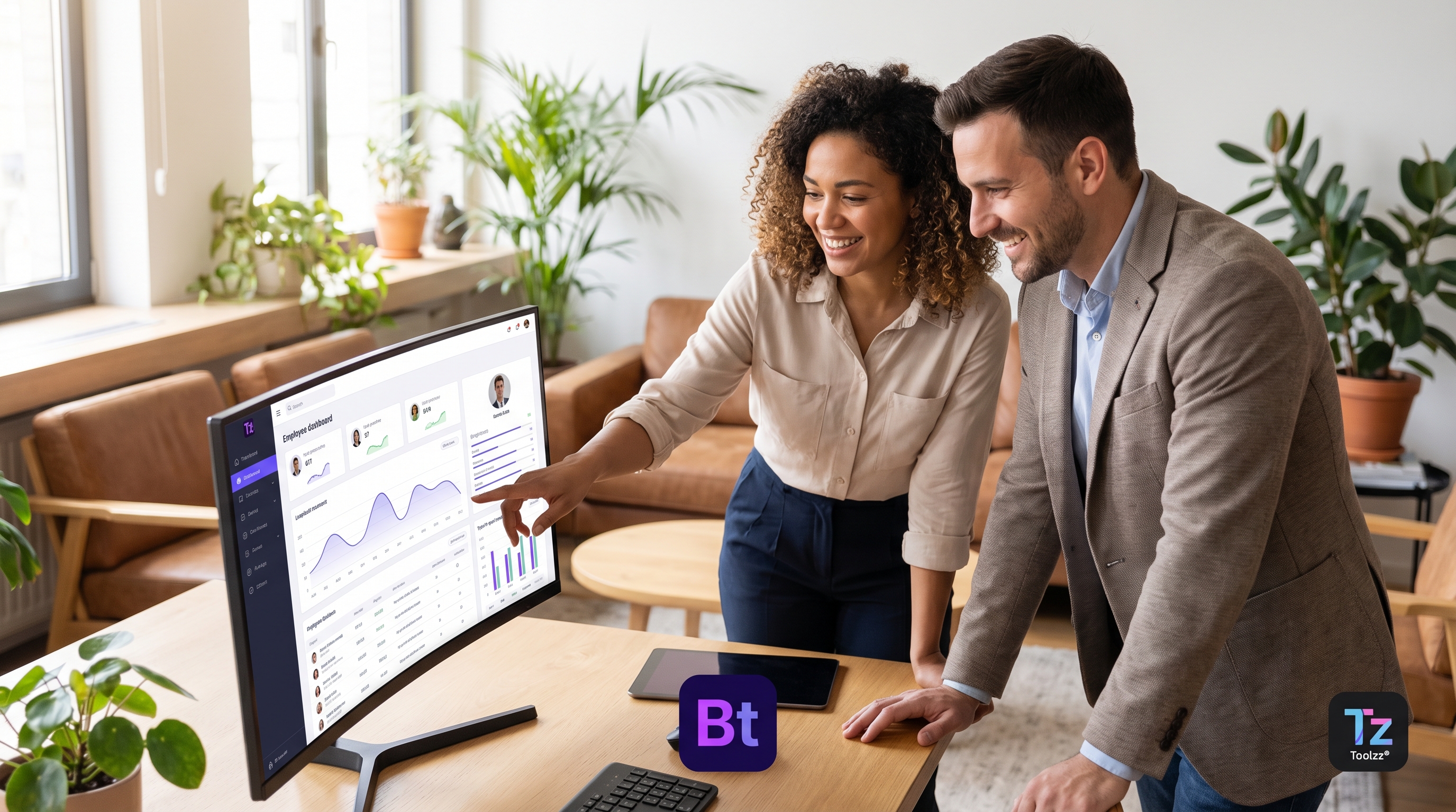 Mitos e verdades sobre Automação de RH em 2026 — Um profissional de RH sorrindo e interagindo com um colega em frente a um monitor que exibe um painel de controle intuitivo da Toolzz. O painel mostra 