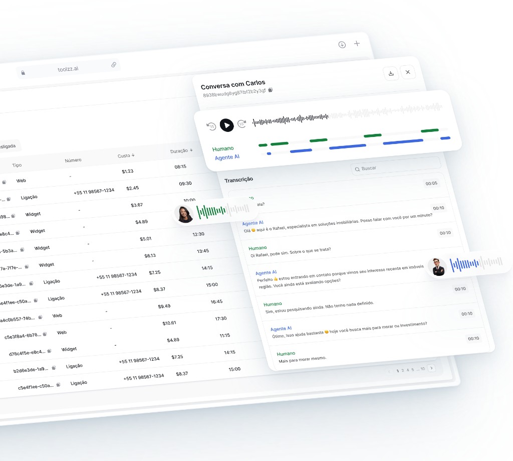 Call Log com tabela de interações e painel de transcrição
