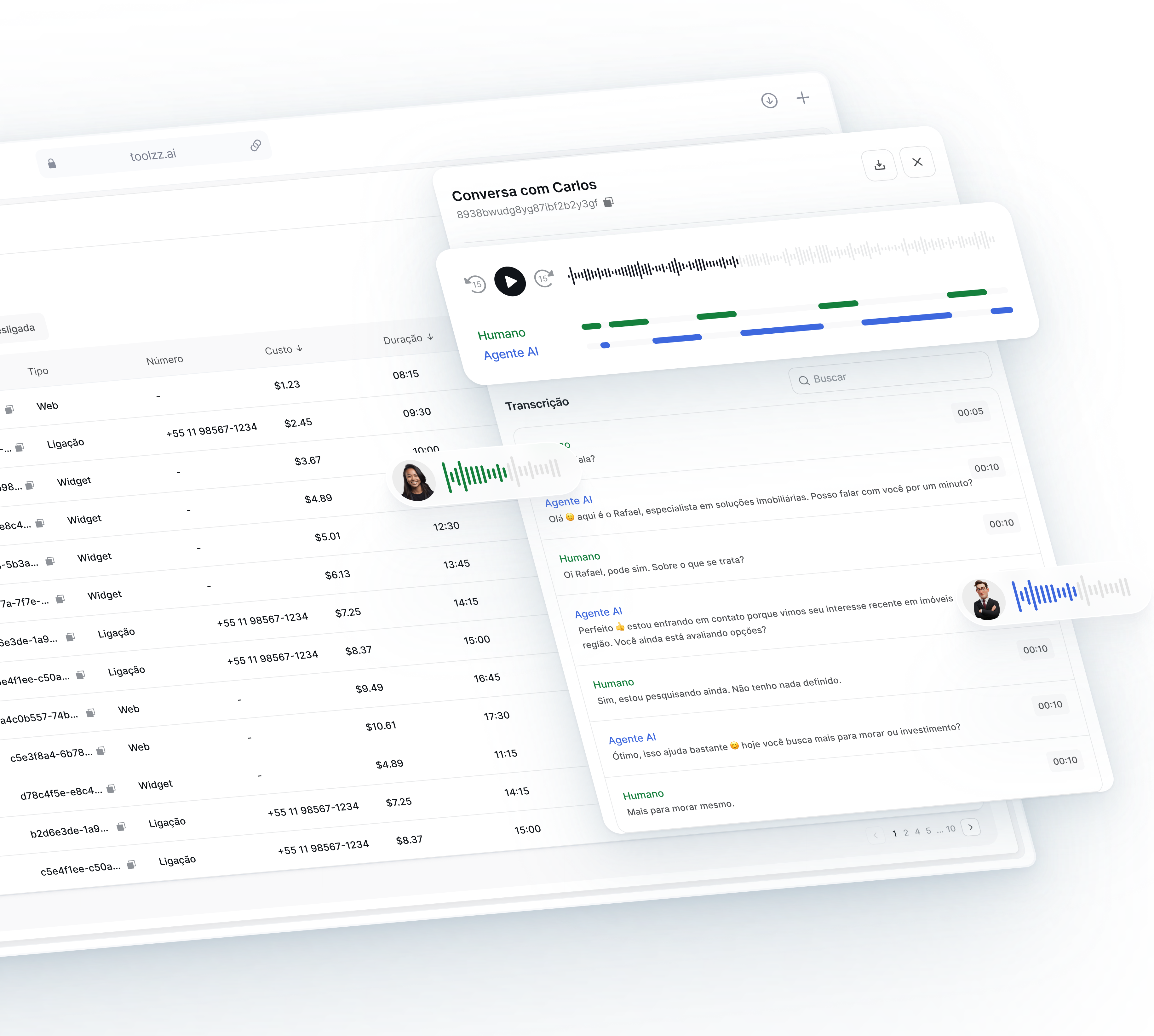 Call Log com tabela de interações e painel de transcrição