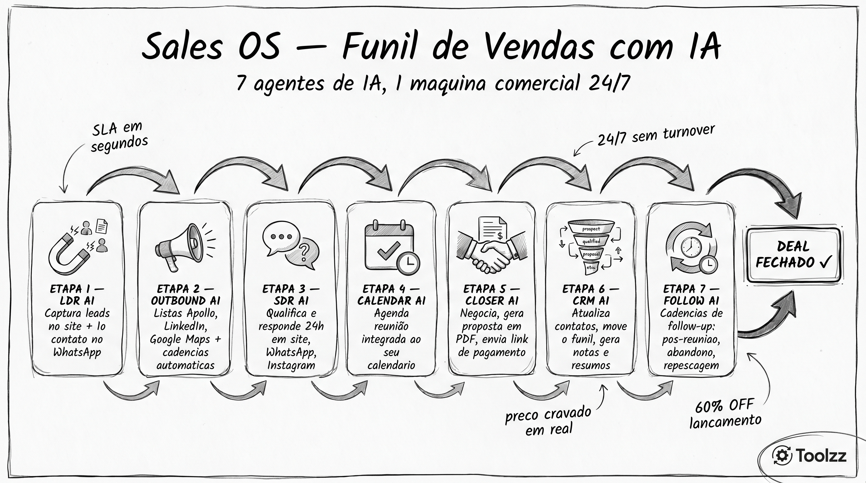 Sales OS — funil de vendas com IA: 7 agentes (LDR, Outbound, SDR, Calendar, Closer, CRM, Follow) operando 24/7 do primeiro contato até o deal fechado